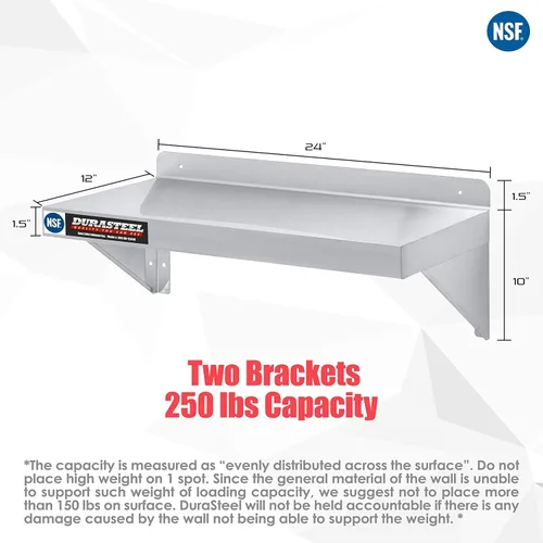 Vista 3 de DuraSteel Estante de pared de acero inoxidable, 24 pulgadas de ancho x 12 pulgadas de profundidad, grado comercial, certificado NSF