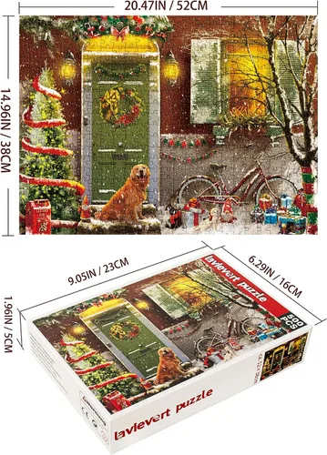 Vista 2 de Lavievert Rompecabezas de 500 piezas para adultos, Navidad en la puerta, sonriente Golden Retriever Smiling Golden Retriever, Family Fun