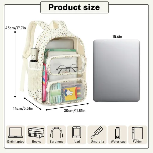 Vista 68 de CAMTOP Mochila transparente resistente y transparente para estudiantes, escuela, trabajo, festival, viajes, deportes, Beige, Mediana, Camtop Mochila