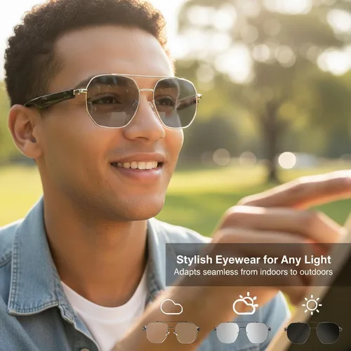 Vista 3 de Gafas inteligentes con Bluetooth 5.4 Gafas de sol polarizadas para lectura Lente fotocromática Bluetooth con control de voz táctil