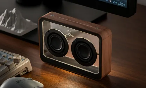Vista 4 de IPPINKA Mage - Altavoz Bluetooth transparente, color nogal, recargable, hasta 8 horas de tiempo de reproducción