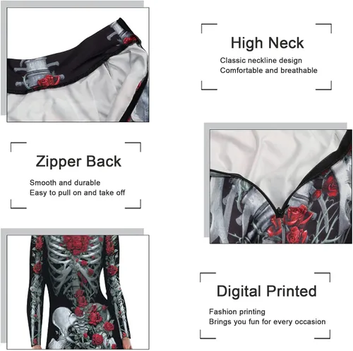 Vista 3 de Disfraz de Halloween para mujer, overol de esqueleto con estampado 3D de hueso de calavera para mujer, overol de esqueleto