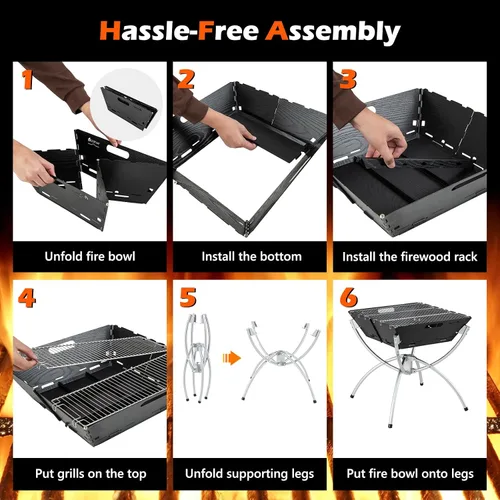 Vista 6 de HAPPYGRILL Fogata plegable 3 en 1 con parrilla para exterior, plegable para quemar leña, fogata para barbacoa, hoguera, cocina al aire libre