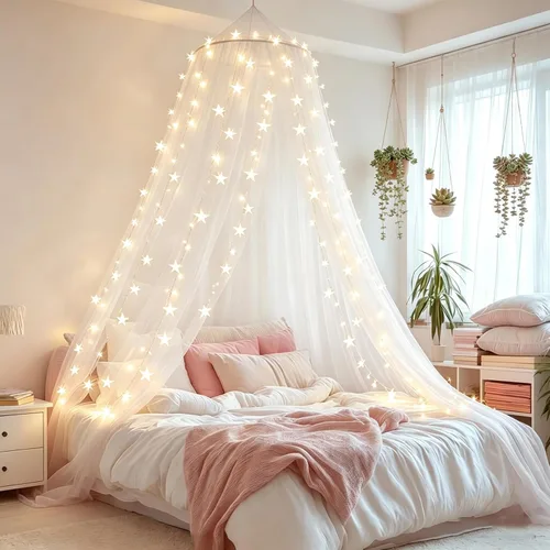 Vista 4 de Mosquitera Toldo de Cama para Niñas, Cortinas de Cama King con Dosel Tamaño Full Queen desde el Techo, Tienda de Cama de Mosquitera de Cúpula Twin