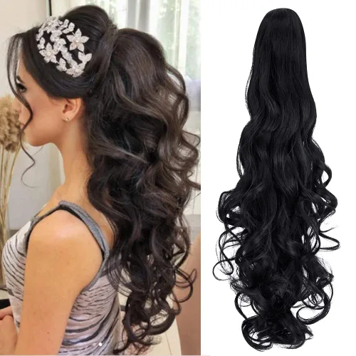 Vista 12 de OMGREAT Extensión de cola de caballo de 18 pulgadas de largo, extensiones de cabello rizado de una pieza con clip en cola de caballo sintéticas