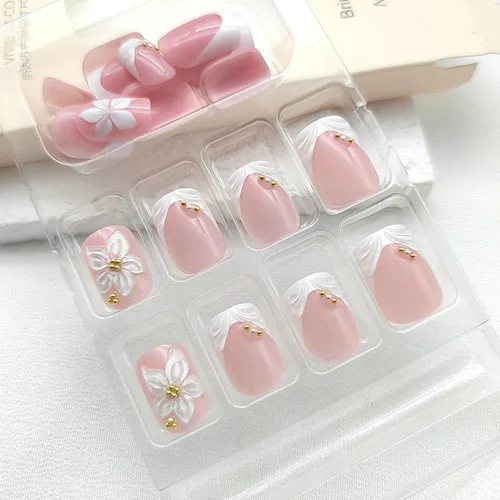 Vista 2 de Uñas postizas a presión con punta francesa, uñas postizas cuadradas cortas con diseños de cuentas de flores 3D, uñas blancas a presión, uñas Blanco