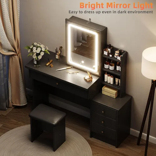 Vista 2 de Escritorio de tocador con espejo y luces, tocador de maquillaje con 3 modos de iluminación ajustables, escritorio de tocador pequeño con espejo