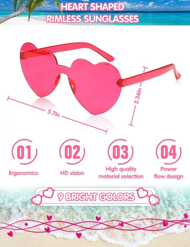 Vista 3 de LOHO MAGICA 9 pares de gafas de sol con forma de corazón sin montura en forma de corazón, gafas de sol para fiesta, gafas de sol de corazón