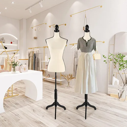 Vista 3 de Forma de vestido femenino, cuerpo de maniquí de costura, cuerpo de torso con base de madera de trípode para exhibición de ropa, exhibición de ventana