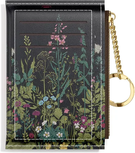 Vista 2 de Nipichsha Cartera pequeña para mujer, tarjetero delgado de cuero con bolsillo frontal y cremallera y llavero (diente de león), Diente de león