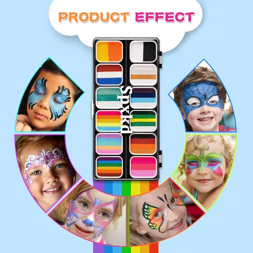 Vista 7 de Kit de pintura facial para niños y adultos, 12 x 10 gm, paleta de pintura facial con 9 brillos, 2 palitos de sombra de ojos, 2 esponjas y 6