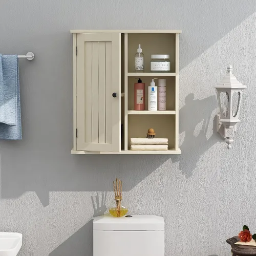 Vista 5 de Treocho Armario de pared de baño, botiquín con puerta y 3 estantes abiertos, organizador de almacenamiento montado en la pared para baño, cocina