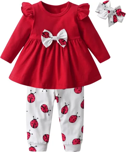Vista 10 de Conjunto de 3 piezas de ropa para bebé niña, camiseta con volantes, camisa floral, pantalones y diadema Verde