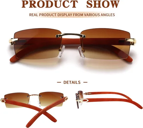 Vista 6 de Dollger Gafas de sol rectangulares sin montura para hombres y mujeres diseño de madera hip-hop pequeñas gafas de sol cuadradas sin marco de los años