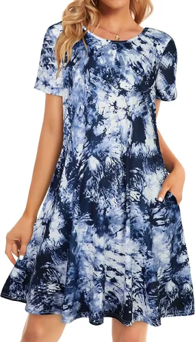 Vista 11 de Vestidos de verano para mujer, informales, holgados, estilo camiseta, florales, de manga corta, con vuelo y bolsillos, para la playa