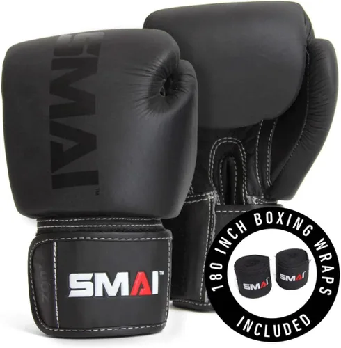 Vista 2 de SMAI Elite85 - Guantes de boxeo de cuero más envolturas de boxeo negras de 180 pulgadas, guantes de boxeo de competición hechos para sparring