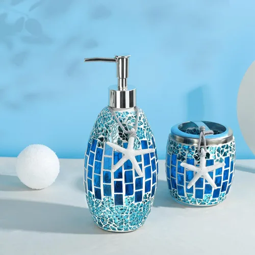 Vista 6 de Joeyan Juego de accesorios de baño de vidrio azul hecho a mano, juego de baño decorativo de mosaico, incluye dispensador de jabón, soporte