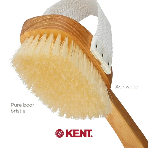 Vista 5 de Kent FD3 Cepillo exfoliante corporal de madera de haya de lujo con cerdas blancas 100% puras. Mango largo con cabeza desmontable, espalda