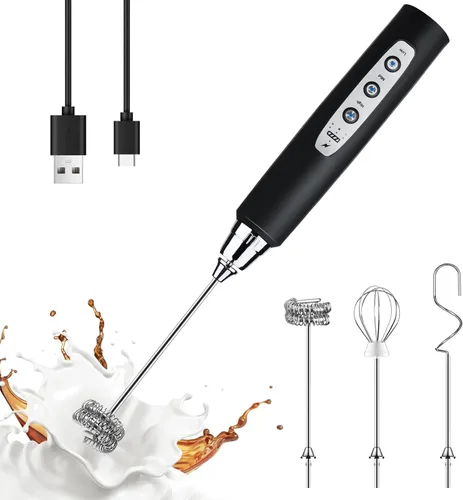 Vista 11 de YUSWKO Baby Blue - Varita espumadora de leche de mano para café, batidor eléctrico recargable con 3 cabezales, 3 velocidades, mezclador de bebidas