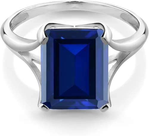 Vista 2 de Gem Stone King 14K White Gold Blue Created Sapphire Solitaire Engagement Ring For Women