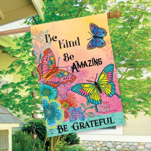 Vista 3 de Briarwood Lane - Bandera con mariposas, flores en primavera para el hogar y con texto motivacional "Be Grateful" (Sé agradecido), 28 x 40 pulgadas