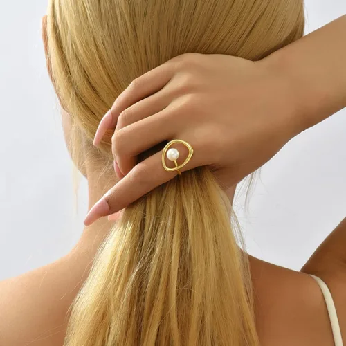 Vista 4 de FUNYCHEN Anillo de perlas de plata esterlina, anillo de perlas S925 para mujer, minimalista, irregular, oro, inspirador, anillo de perlas cultivadas
