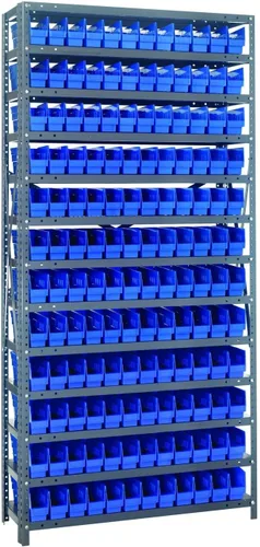 Vista 370 de Quantum QSBU-245BK Heavy Duty Shelving Unit with (7) Shelves and (24) QUS245 Black Bins for Garage Warehouse Storage Distribution 400 lb Load