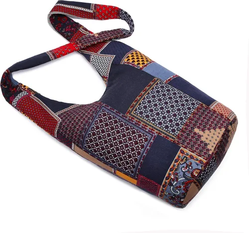 Vista 3 de Bolsa de hombro para mujer, de lona en estilo hippiebohemio para llevar cruzada al hombro, disponible en diferentes colores y estampados