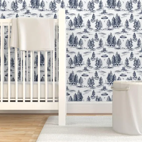 Vista 6 de Despegar y pegar papel pintado Swatch - UFO Toile Alien pequeña escala azul blanco espacio caprichoso papel pintado personalizado extraíble por
