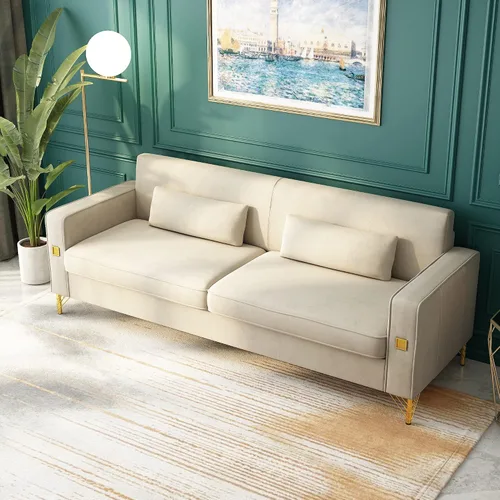 Vista 5 de Sofá Chesterfield de terciopelo de 85 pulgadas, moderno de mediados de siglo, cómodo sofá con almohadas para sala de estar, dormitorio, muebles
