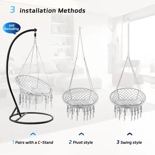 Vista 5 de Silla hamaca columpio de macramé, capacidad de 330 libras, silla colgante de cuerda de algodón con cojín suave y kit de herramientas, silla colgante