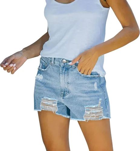 Vista 2 de OUDLLY Jean Shorts Shorts Cut Jean Denim Shorts Women's Summer with Pocket Ripped Waist Mid Stretchy Distressed Women's