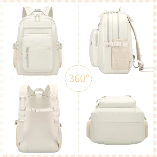 Vista 5 de PRAGARI Mochila para niños para la escuela, bonita mochila estética para niñas, mochila para estudiantes, bolsa de libros ligera de viaje para Beige