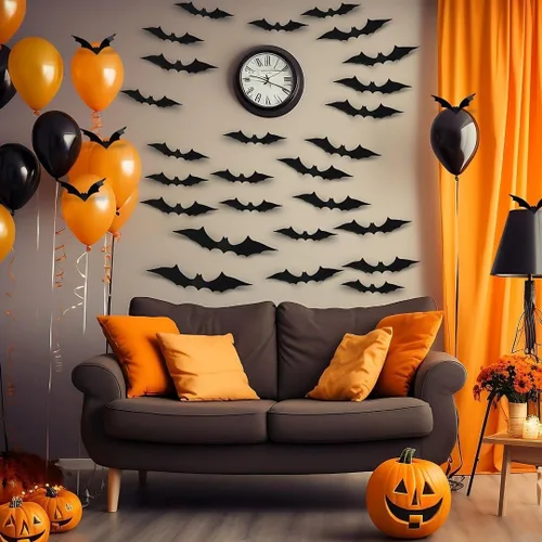 Vista 3 de Kit de decoración de papel de pared de murciélago volador negro, 1 unidad, espeluznante y elegante, perfecto para fiestas de Halloween y decoración
