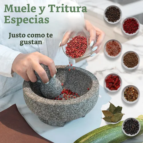 Vista 3 de PriorityChef - Juego de mortero y mano de mortero de granito – Molcajete Mexicano de piedra natural de 6.1 pulgadas para especias, condimentos