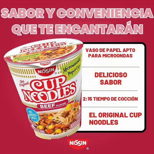 Vista 5 de Nissin Cup Noodles Sopa, Sabor a Carne de Res, Vasos de Papel Aptos para Microondas, Ramen Instantáneo, 2.25 Onzas (Paquete de 12)
