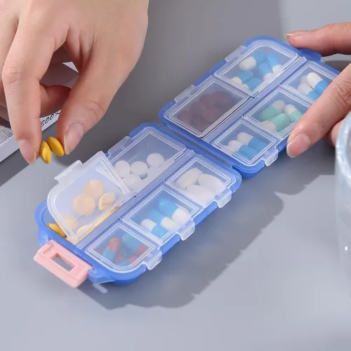 Vista 4 de Paquete de 1 organizador de pastillas de viaje, 10 compartimentos, pastillero compacto y portátil, perfecto para almacenamiento sobre la marcha