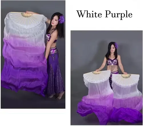 Vista 2 de 1 par de velos de seda hechos a mano para danza del vientre, abanicos largos de bambú para bailar (70.9 x 35.4 in, color blanco y morado)