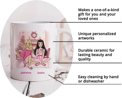 Vista 5 de Gossby Taza de café de Navidad personalizada para amigas, regalo de amistad de Navidad personalizado para 2 mejores amigos con diseño, nombre, taza