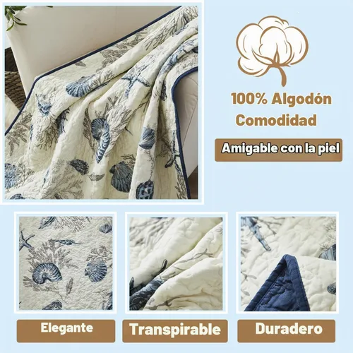 Vista 2 de Brandream Juego de edredón de tamaño individual, 100% algodón, ligero, juego de ropa de cama costera azul marino, tamaño individual XL, 2 piezas
