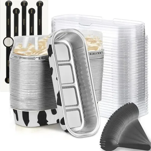 Vista 17 de Findful Mini Moldes para Hornear Pan con Tapas y Cucharas (Paquete de 50, 6.8oz) Moldes Rectangulares de Papel de Aluminio para Hornear Recipientes