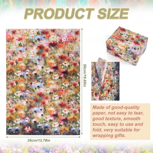 Vista 2 de 30 hojas de papel de seda para envolver flores, 19.69 x 13.78 pulgadas, papel de seda de embalaje vintage, paquete de regalo vintage, patrón floral