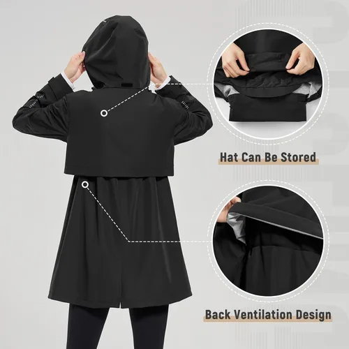 Vista 5 de baleaf Abrigo de lluvia largo para mujer, chaqueta de ciclismo plegable, impermeable, cortavientos, ligera, con capucha