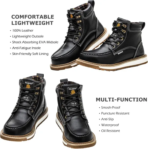 Vista 5 de KELODON Botas impermeables con punta de acero para hombres, botas de trabajo de cuero de 6 pulgadas, botas de construcción indestructibles, botas