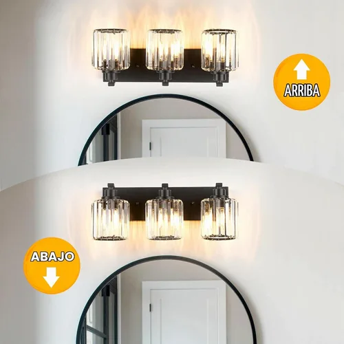 Vista 4 de 3 luces de cristal para tocador de baño, moderna lámpara de baño negra sobre espejo, luces de tocador para dormitorio, baño, pasillo, base E26 Negro