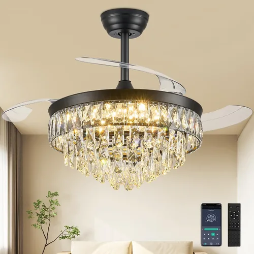 Vista 11 de Ventilador de techo de 52 pulgadas con luz, ventilador de araña, dorado K9 crystal, dimmable 3CCT LED, 6-speed quiet DC motor, memory and timer