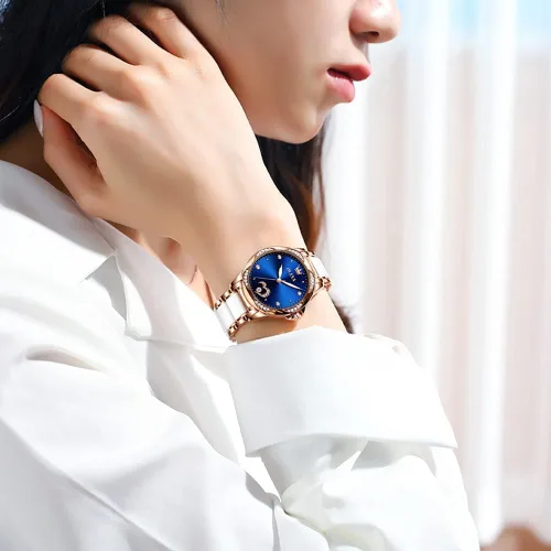Vista 8 de OLEVS Relojes de oro rosa para mujer relojes automáticos con pulsera de cerámica de acero inoxidable de dos tonos relojes de cuerda automática
