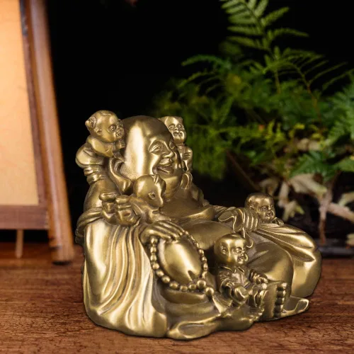 Vista 6 de BRABUD chino Fengshui riendo Buda sentado con 5 niños estatua atrayendo felicidad en la colección de decoración de la familia ZD066