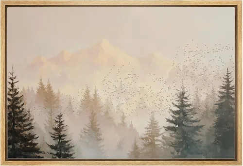 Vista 21 de wall26 Lienzo enmarcado de arte de pared, acuarela en tonos pastel, pino, árbol, bosque, lago, naturaleza, ilustraciones de área silvestre, arte