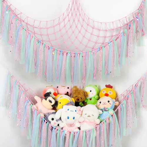 Vista 8 de Hamaca de animales de peluche con luces LED, red grande de almacenamiento de juguetes de 59 pulgadas para dormitorio de niños, organizador de felpa